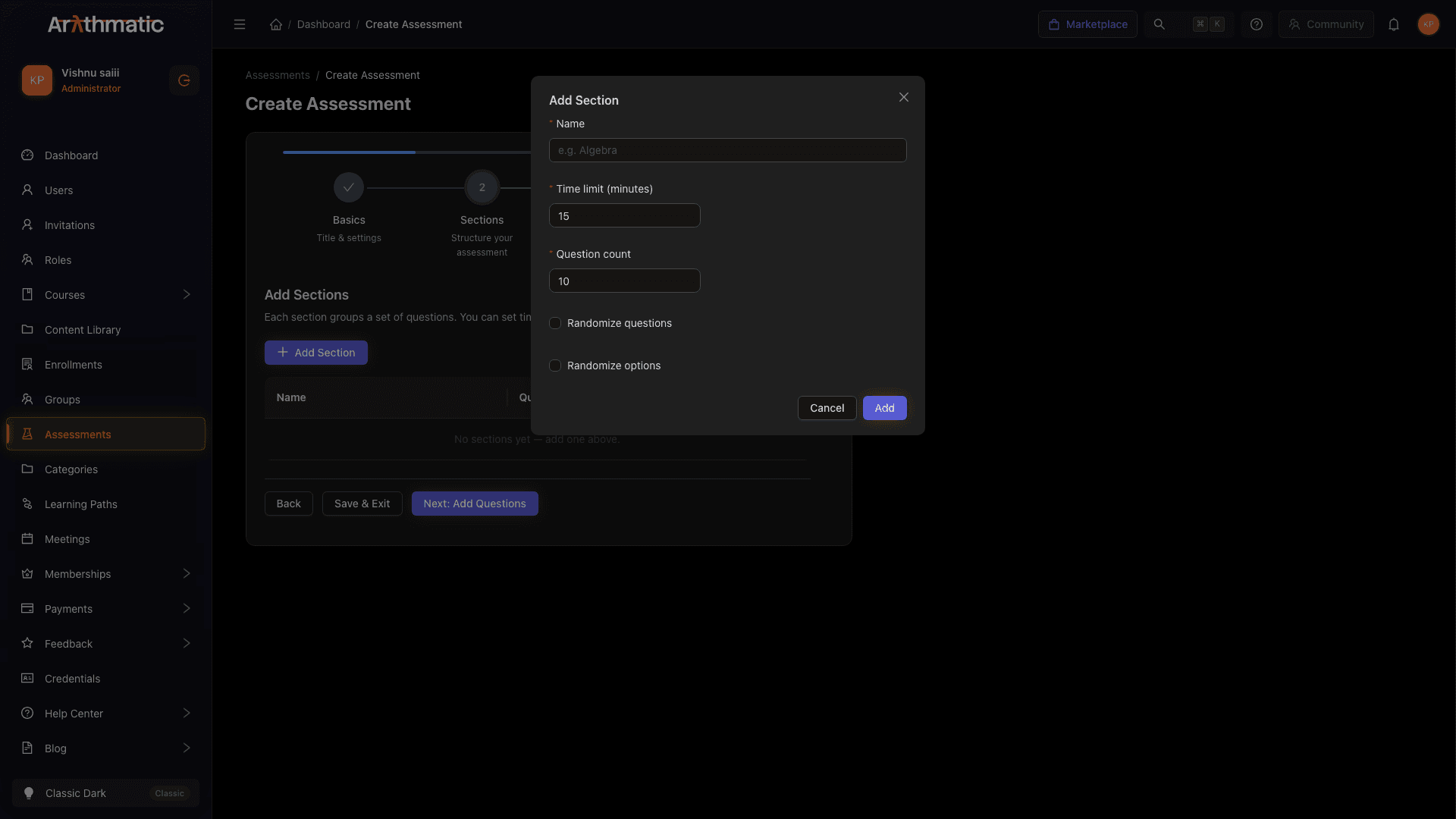 Add Section modal showing section name, time limit, question count, and randomise toggles