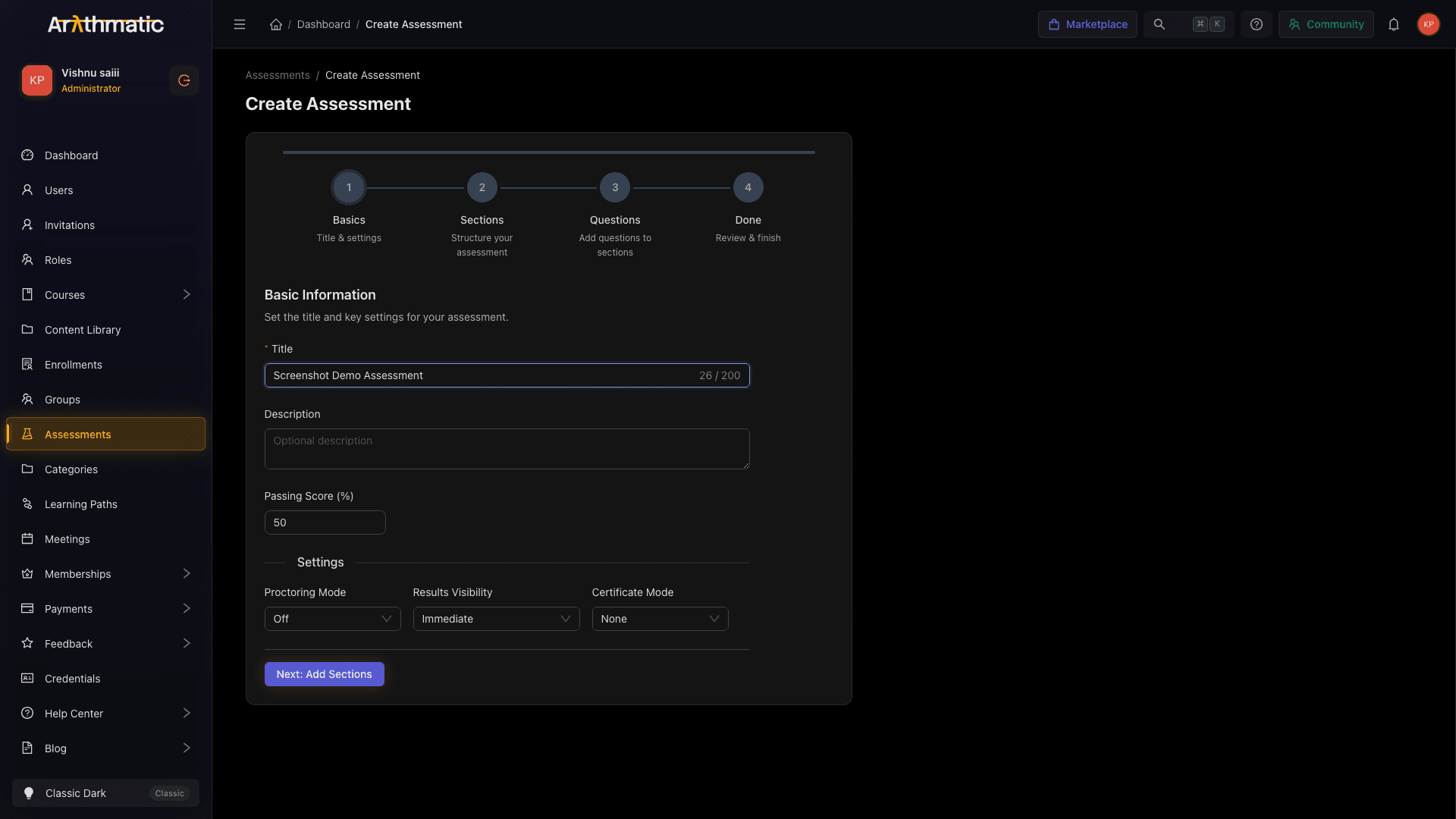 Assessment creation wizard step 1 showing basic information fields