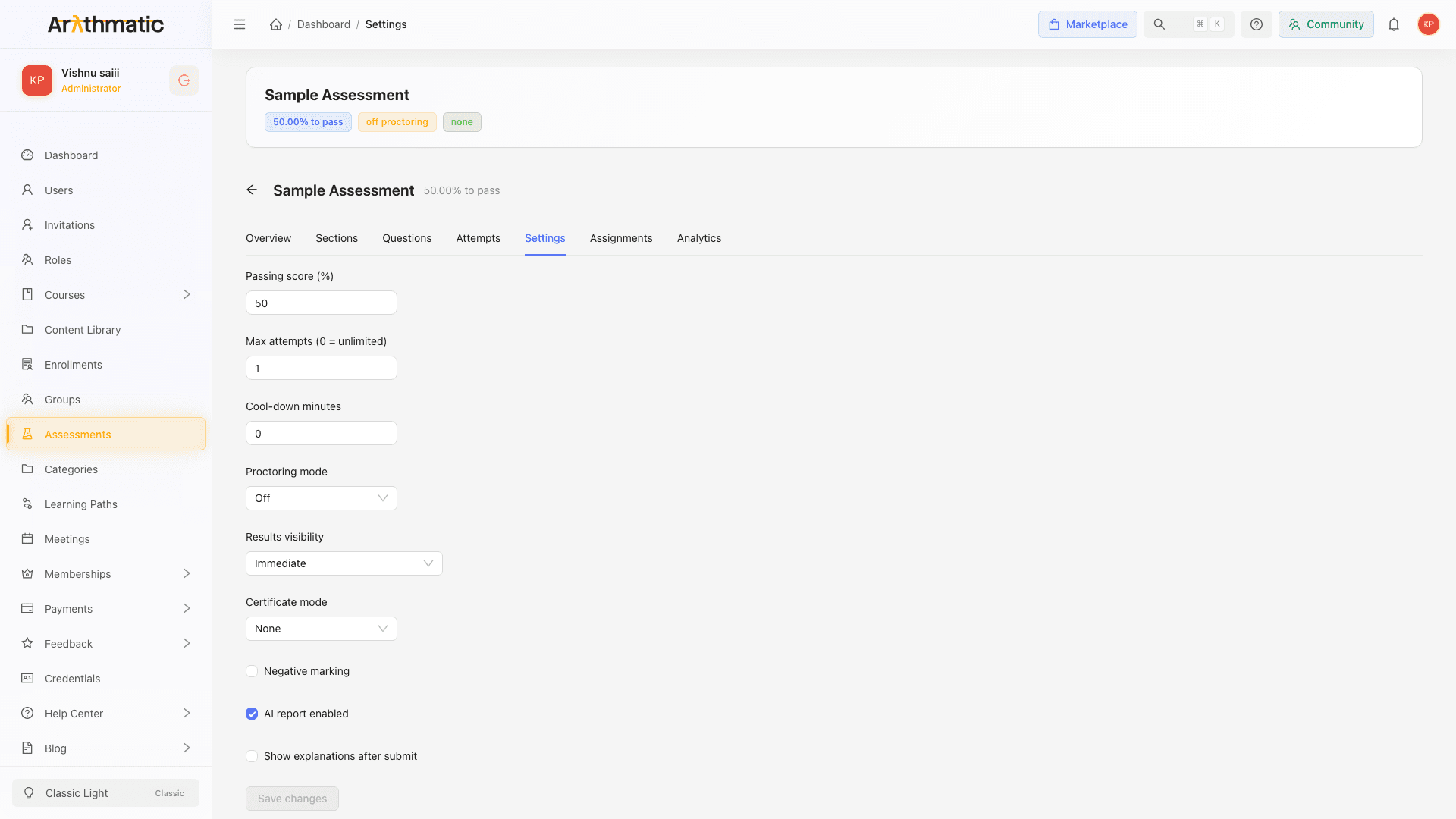 Assessment Settings tab showing all configurable fields