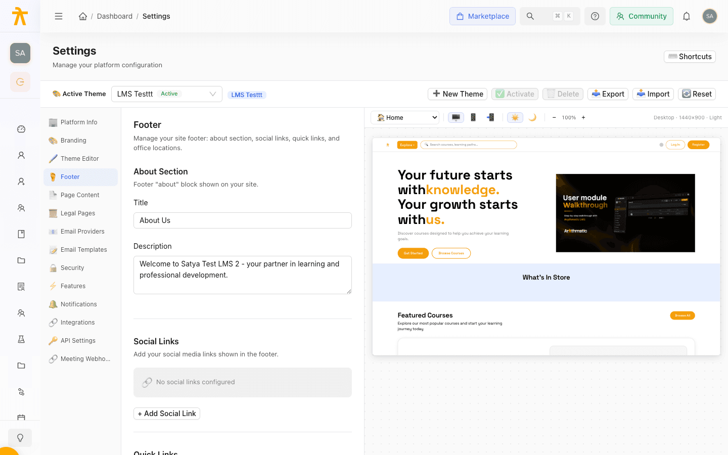 Footer settings editor showing the about block, social links, quick links, and offices sections.