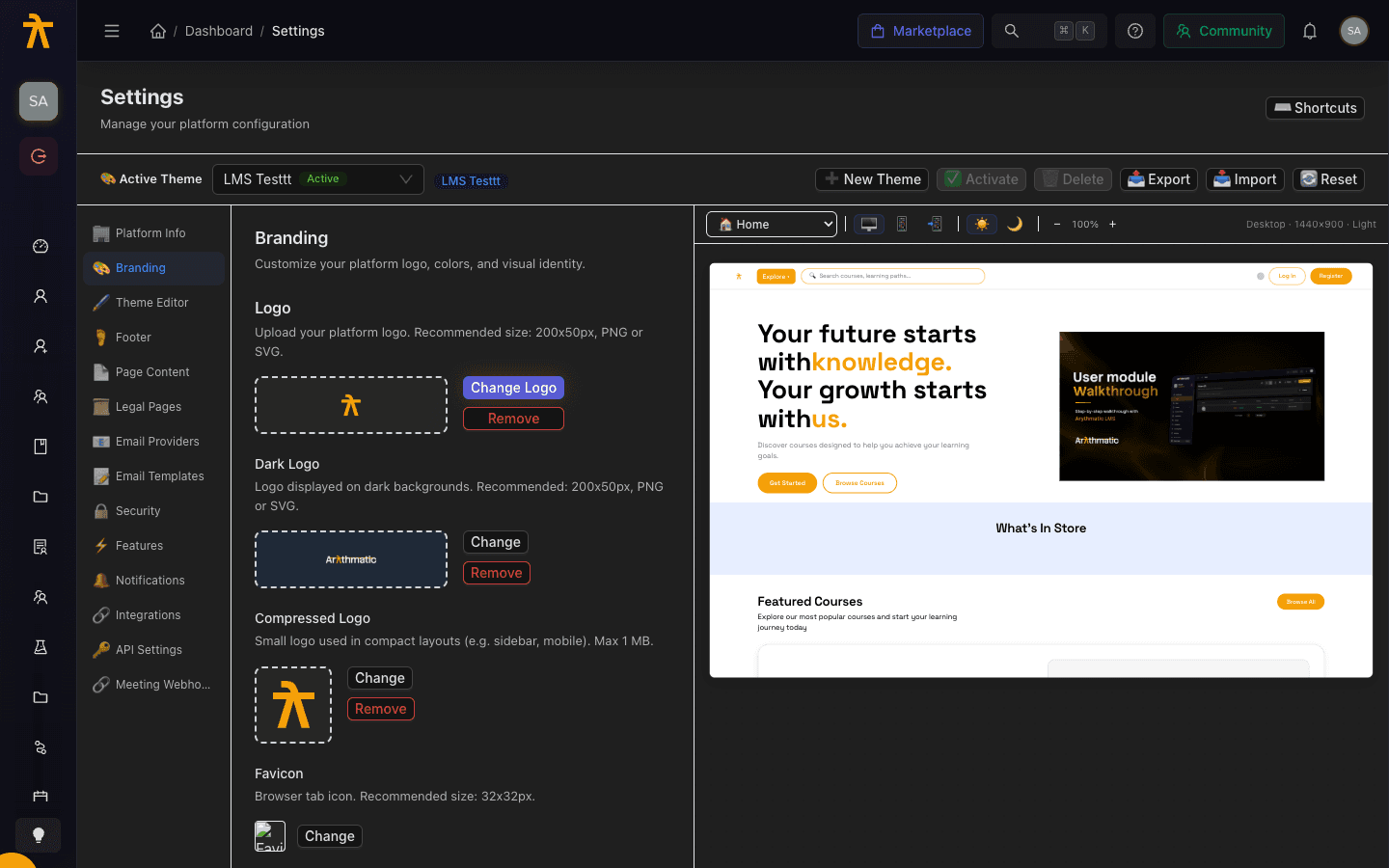 Branding settings screen showing four logo upload areas, each with a preview and upload button.