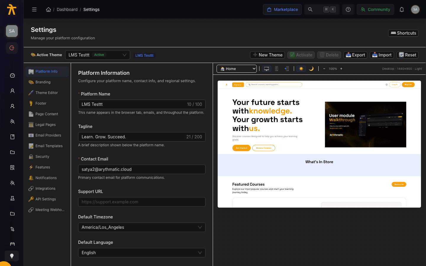 Page Content settings showing the hero, What's In Store, testimonials, and membership plans editors.