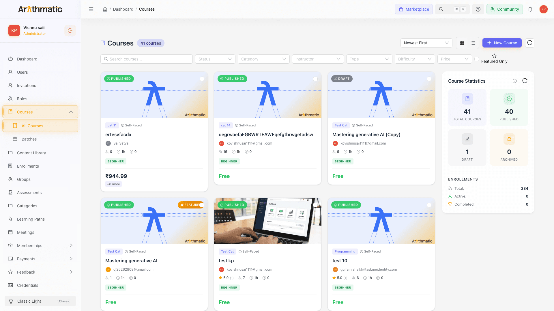 The Courses list page with filters, course cards, and the statistics sidebar