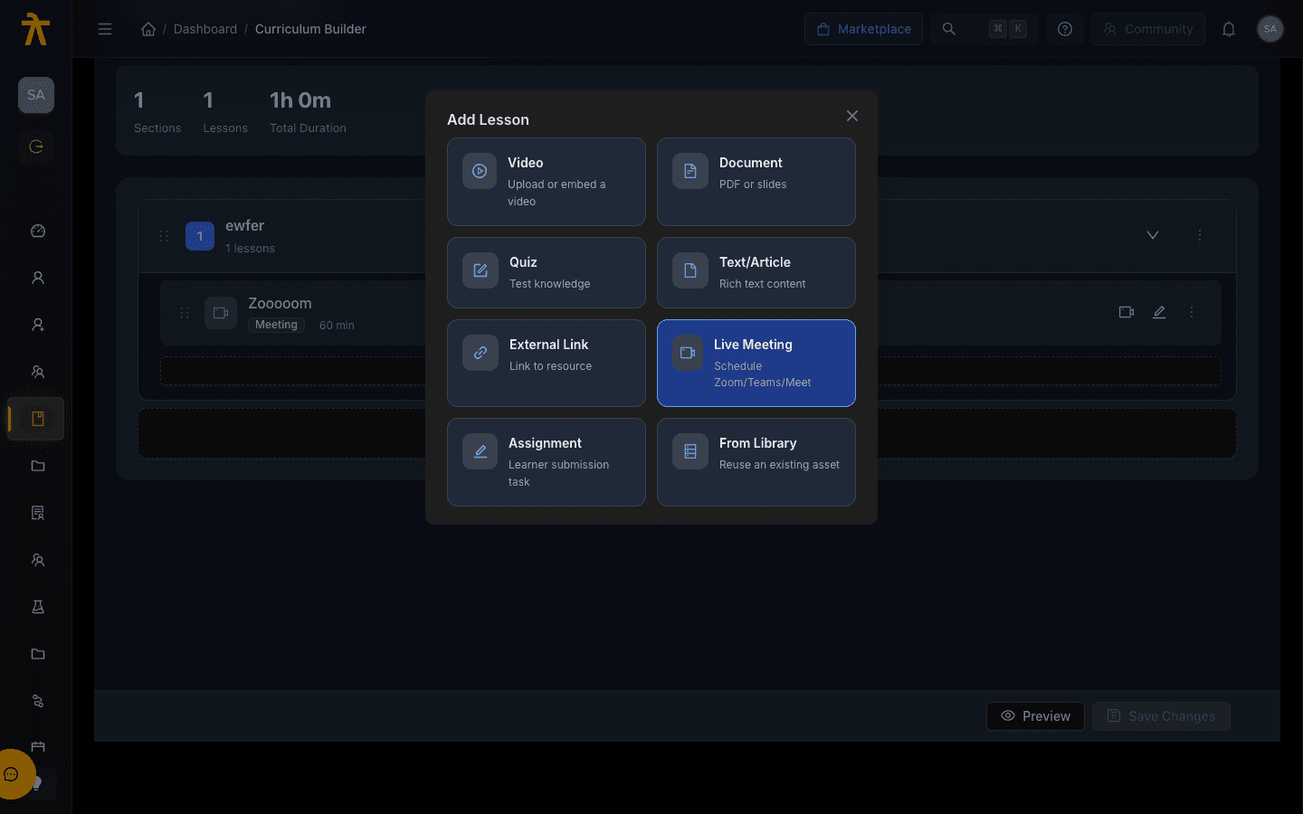 The Add Lesson picker — the eight content types