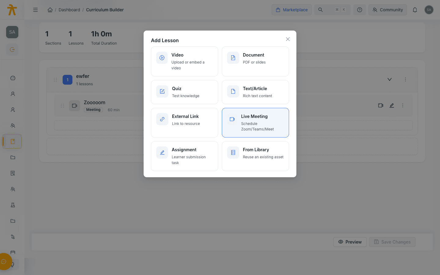 The Add Lesson picker — the eight content types