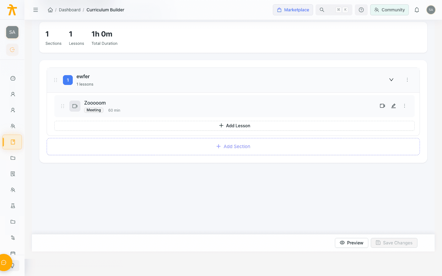 The Curriculum Builder — sections, lessons, and stats
