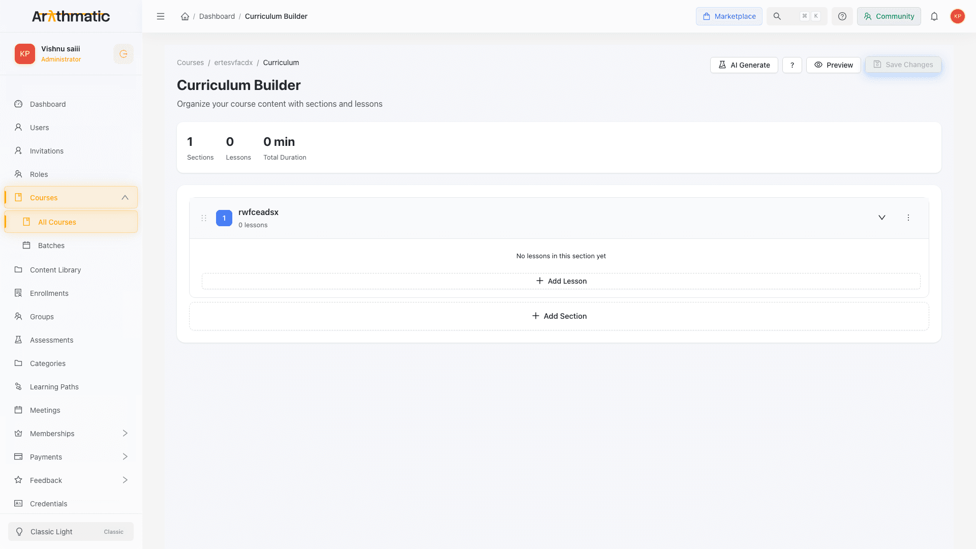 Curriculum Builder showing section and lesson stats and the add-section action