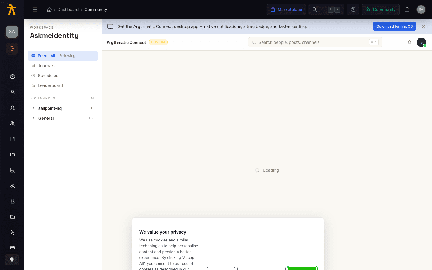 Community page showing an embedded Arythmatic Community feed inside the learning platform.