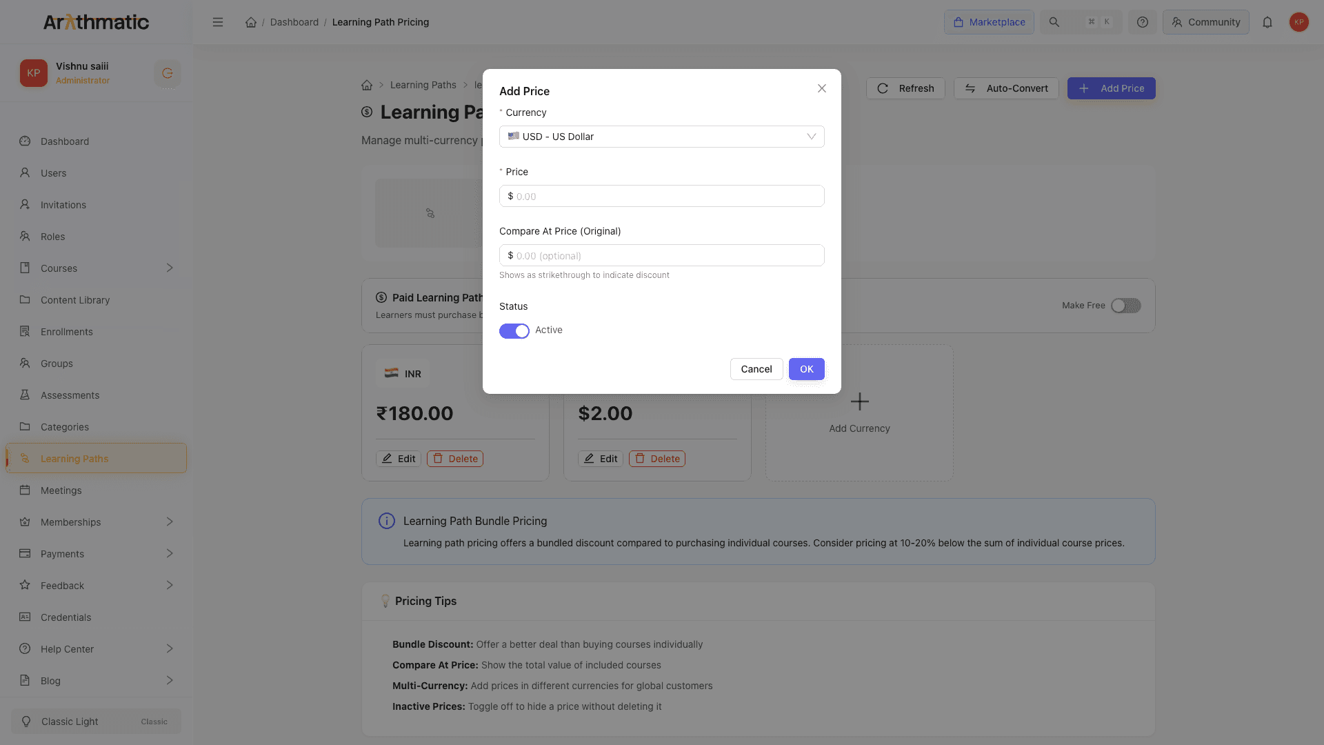 Add Price modal showing currency selector, price field, compare-at price, and status toggle