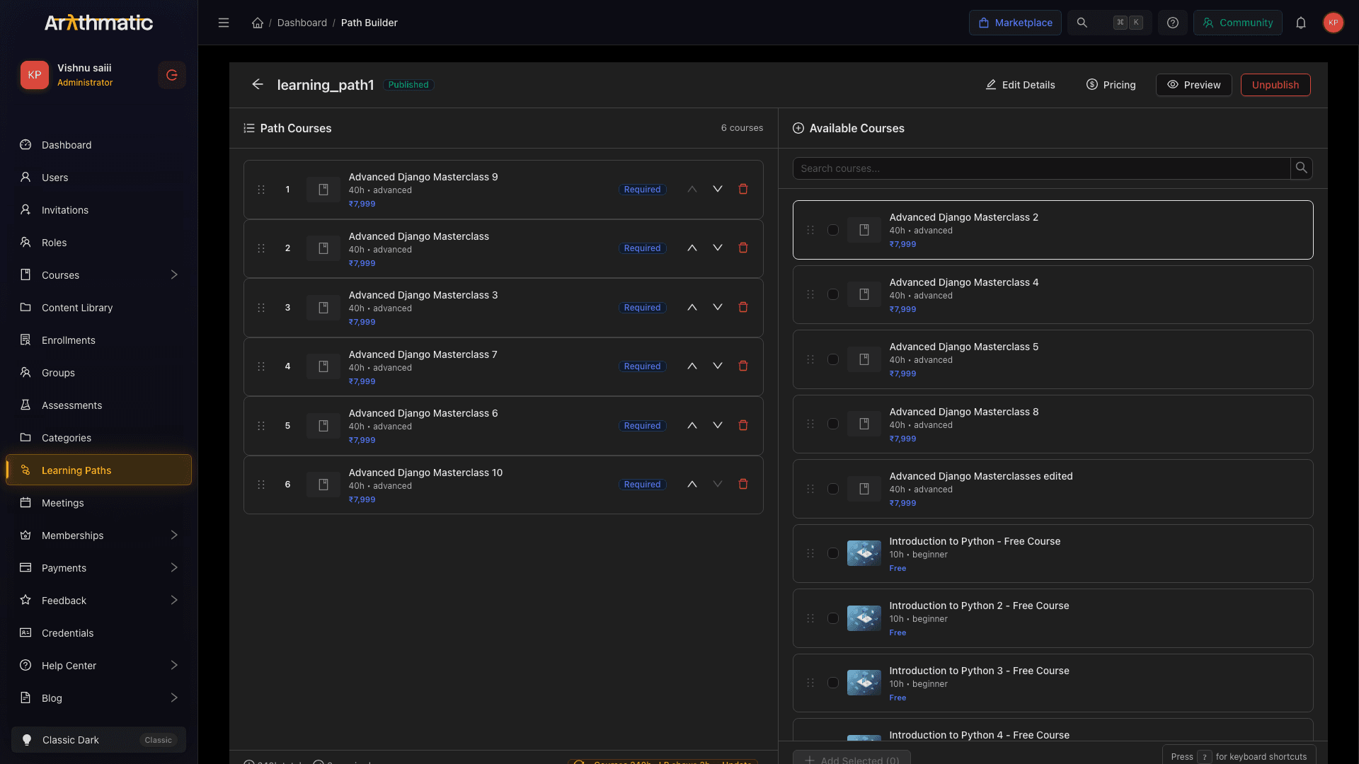Path Builder showing courses added to the path with drag handles, required/optional badges, and available courses panel