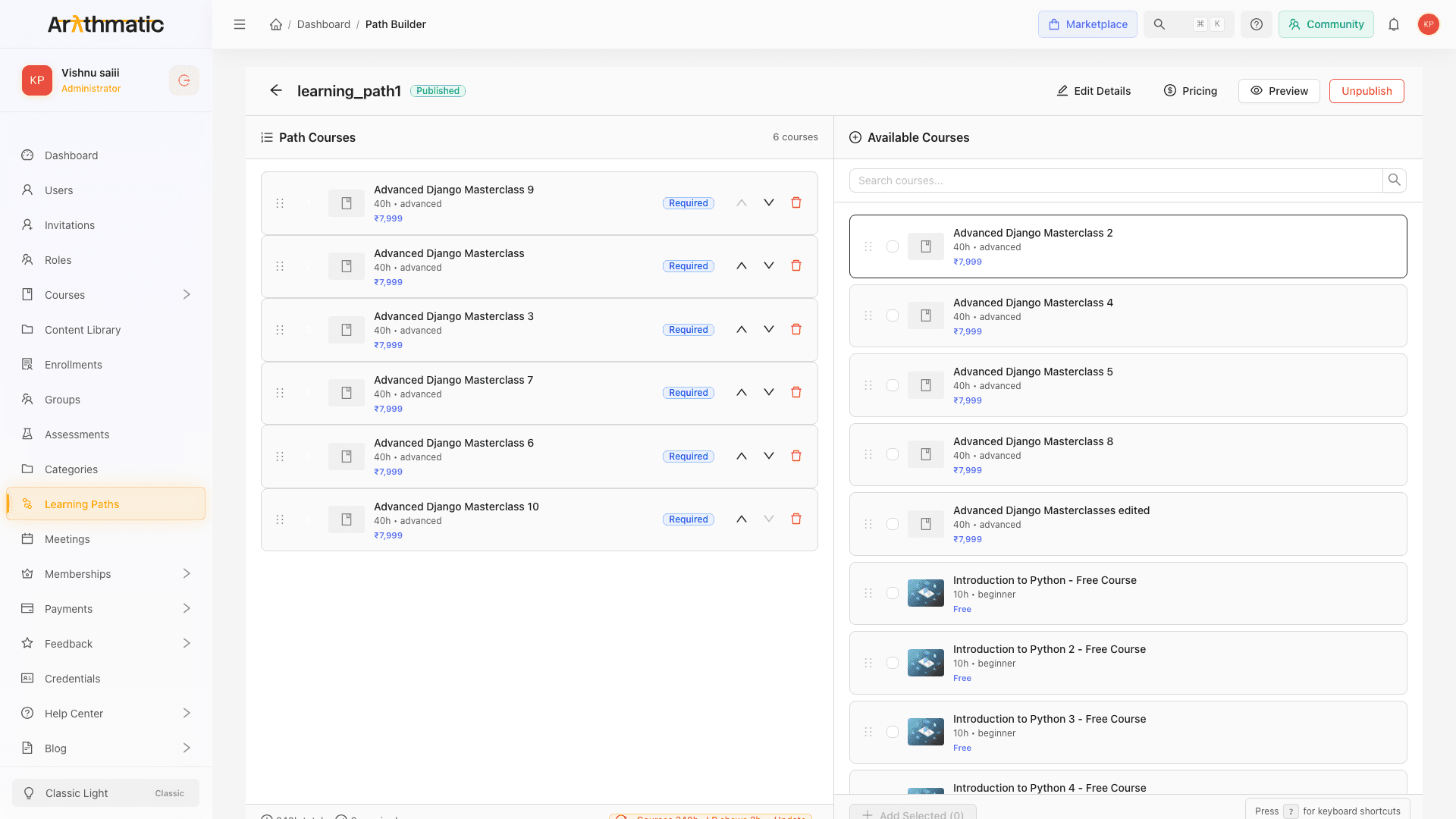 Path Builder with two panels: Path Courses on the left and Available Courses on the right