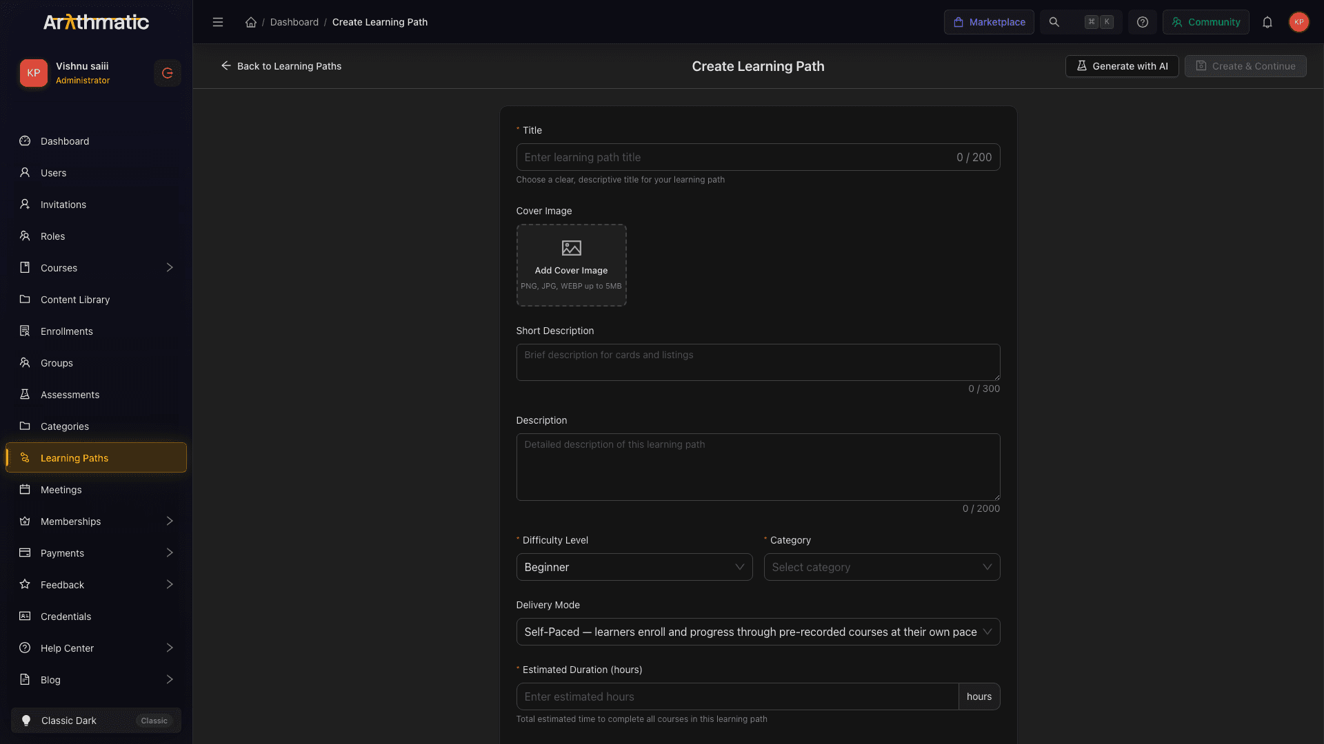 Create Learning Path form showing all available fields