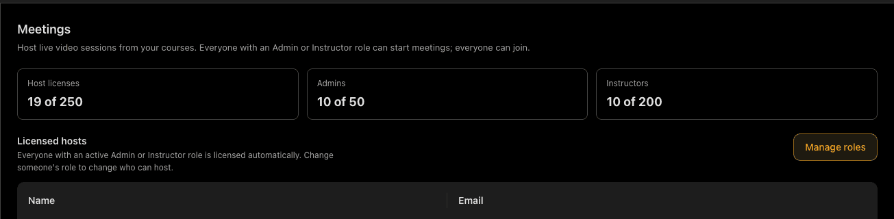Arythmatic Meetings settings page showing host licence counts and the licensed hosts table