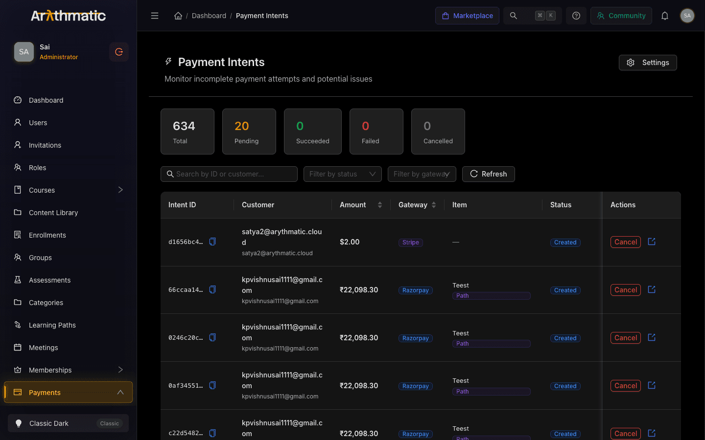 Payment Intents screen showing status stat cards and a table of payment attempts