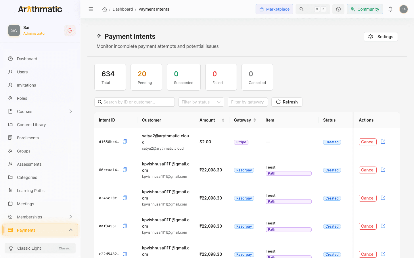 Payment Intents screen showing status stat cards and a table of payment attempts