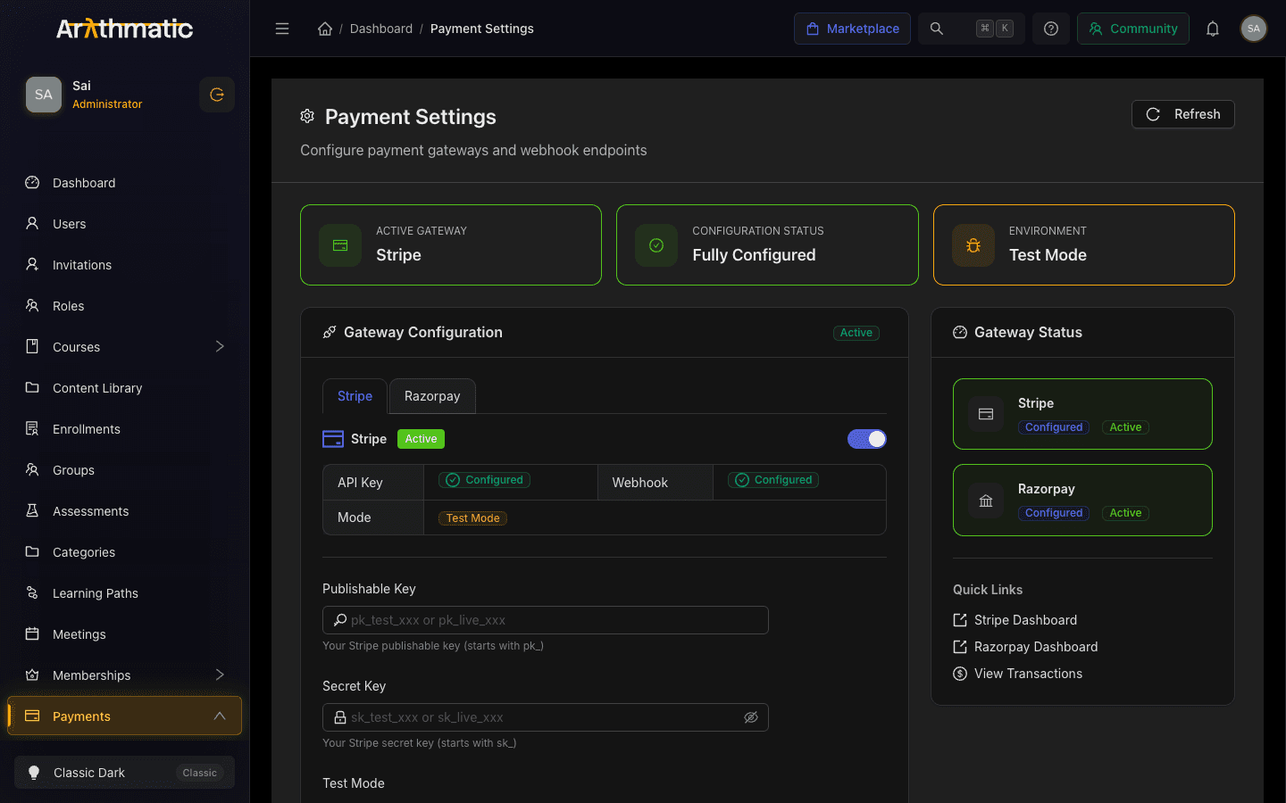 Payment Settings page with status cards, gateway configuration tabs, and gateway status panel