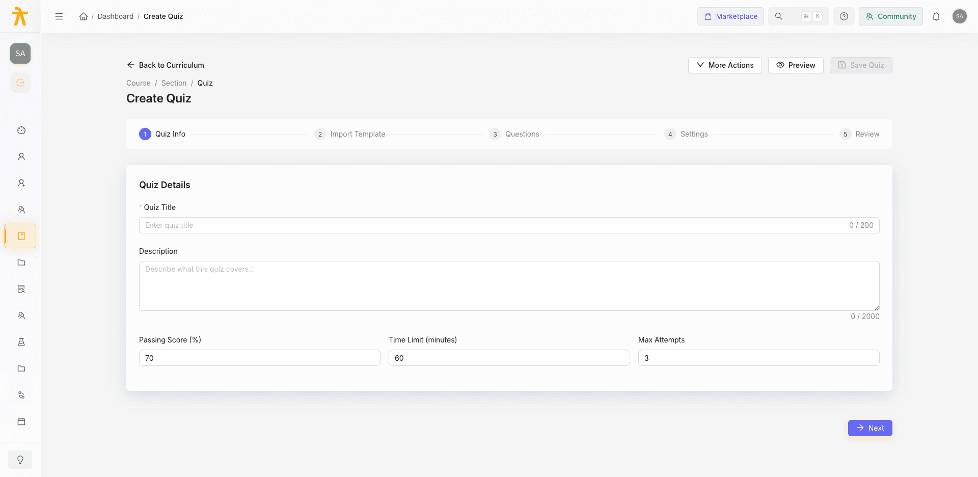 The Quiz Builder — creating a quiz lesson inside a course