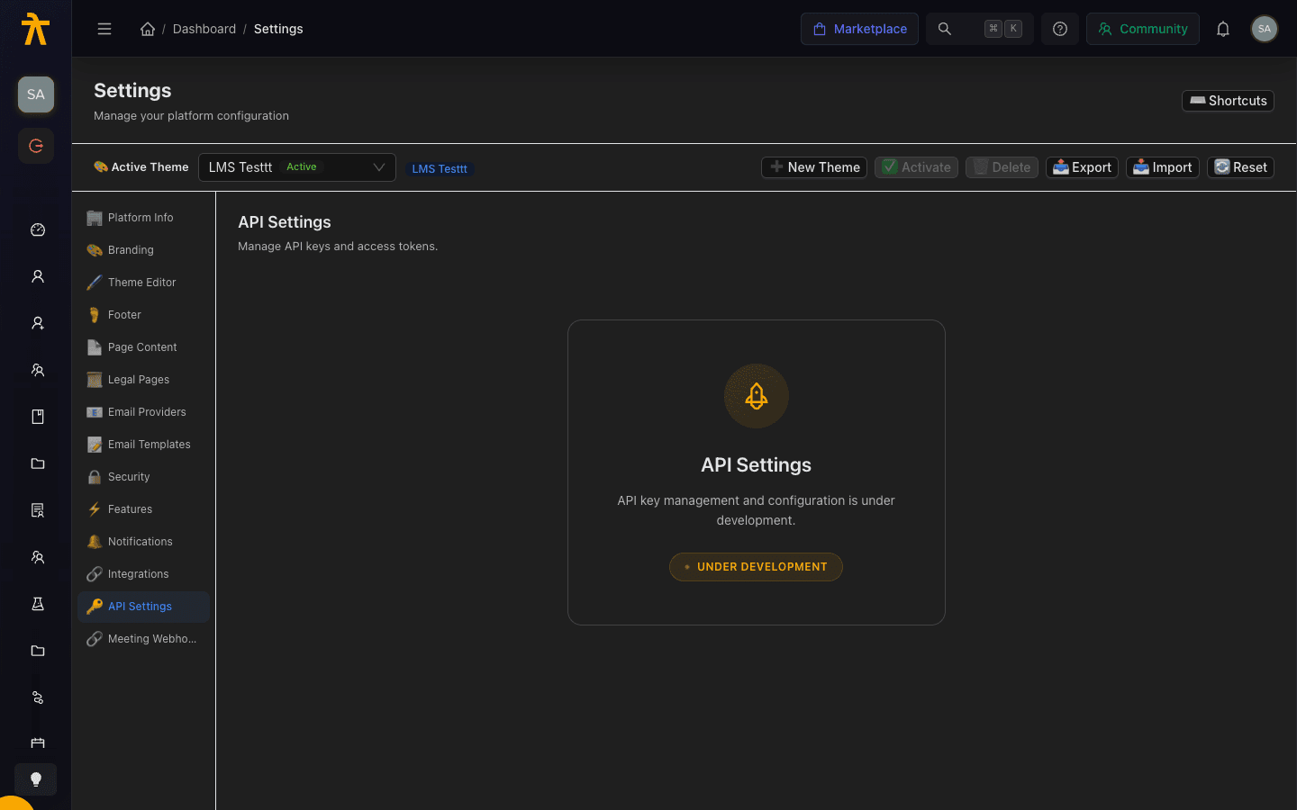 Admin settings screen previewing API keys with their status alongside webhook endpoint fields.