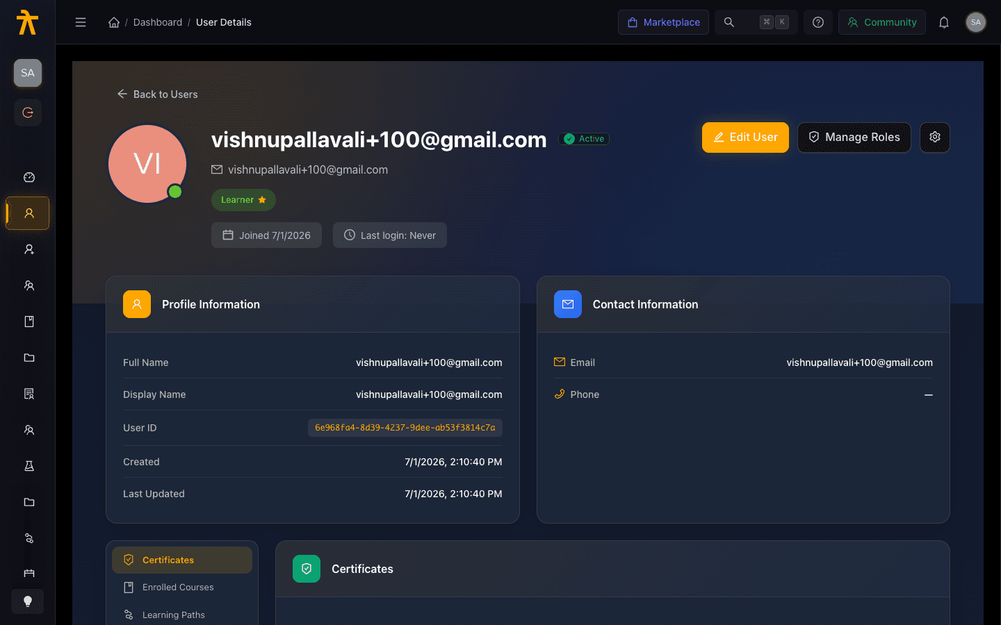 User detail page with avatar, roles, quick stats, and section navigation sidebar