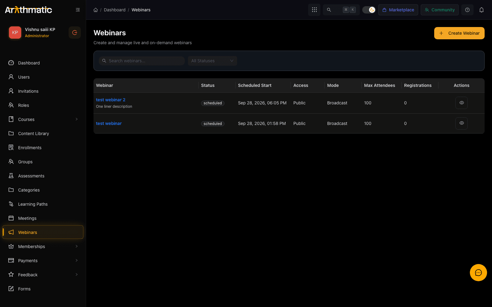 Arythmatic Webinars list showing webinars with scheduled status, access, mode, capacity and registration counts