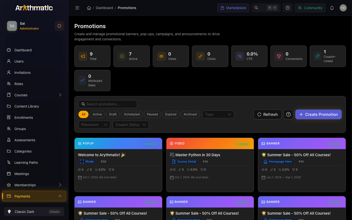 Promotions page showing stats, filters, and a grid of promotion cards