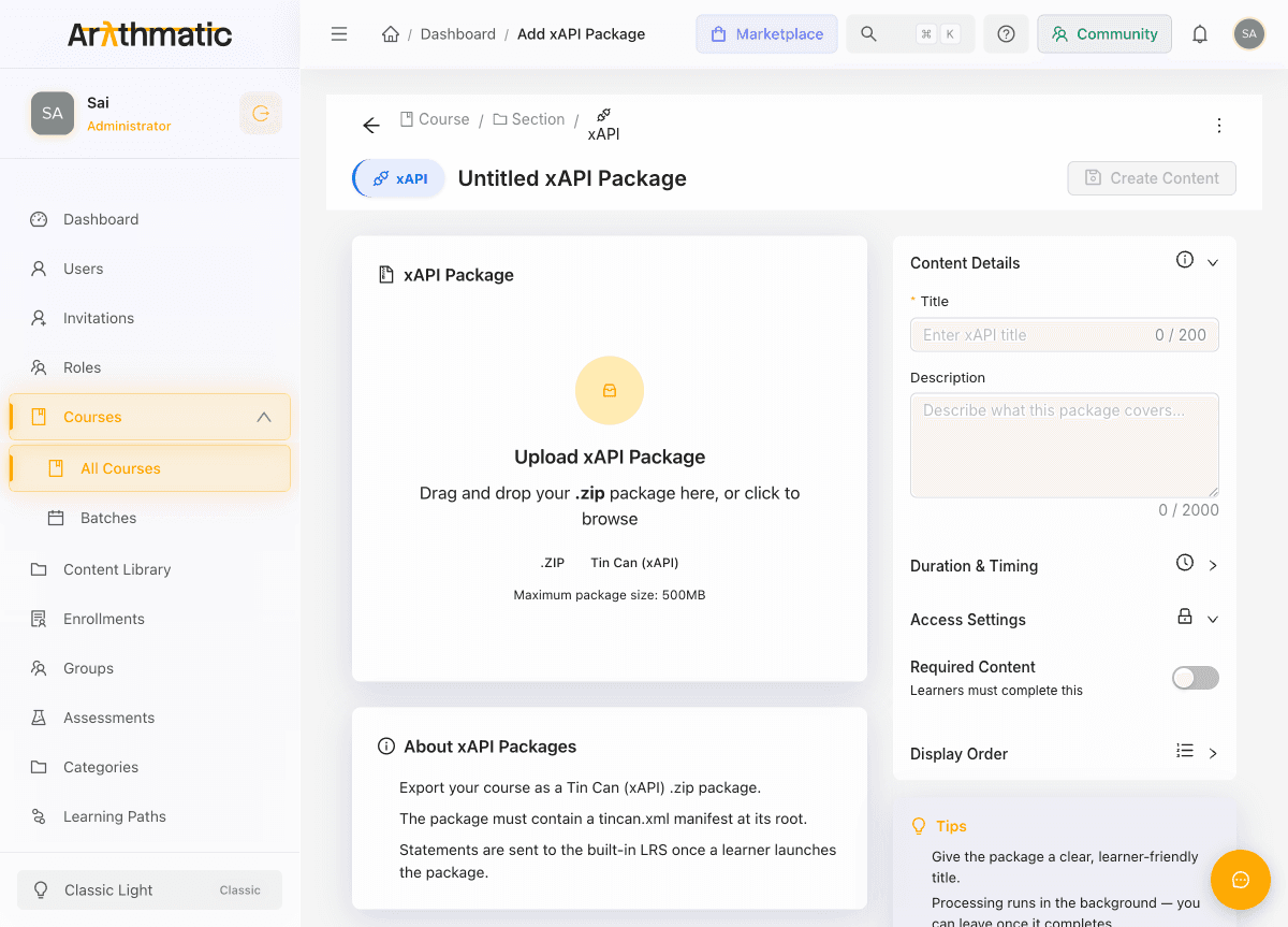 xAPI package editor with drag-and-drop upload area