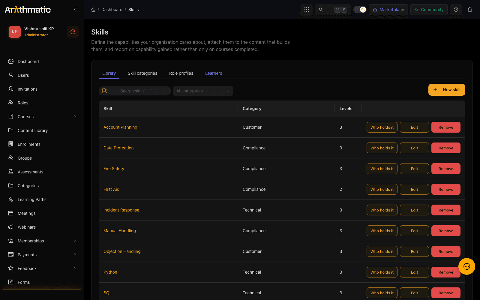 Arythmatic Skills page showing the Library tab with a table of skills, categories and level counts