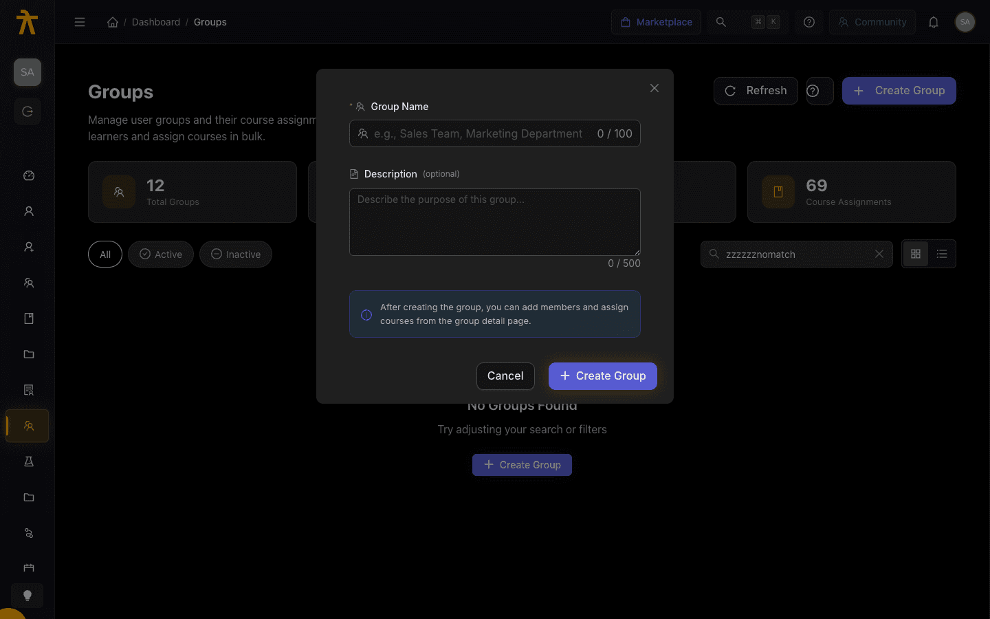 Arythmatic Create Group dialog with a Group Name field and an optional Description field