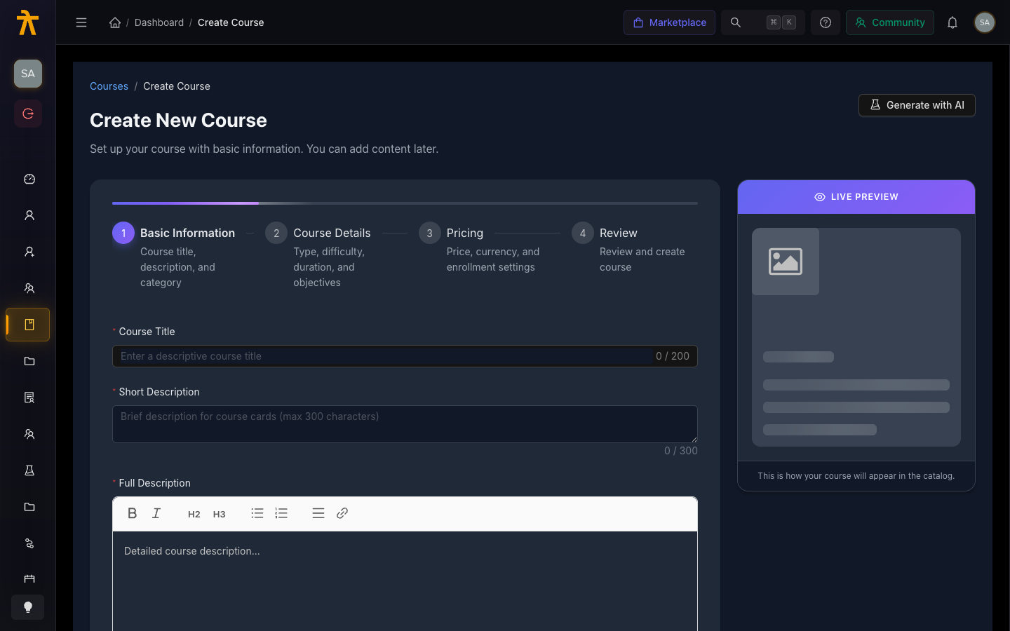 Create Course form showing the multi-step wizard and live preview