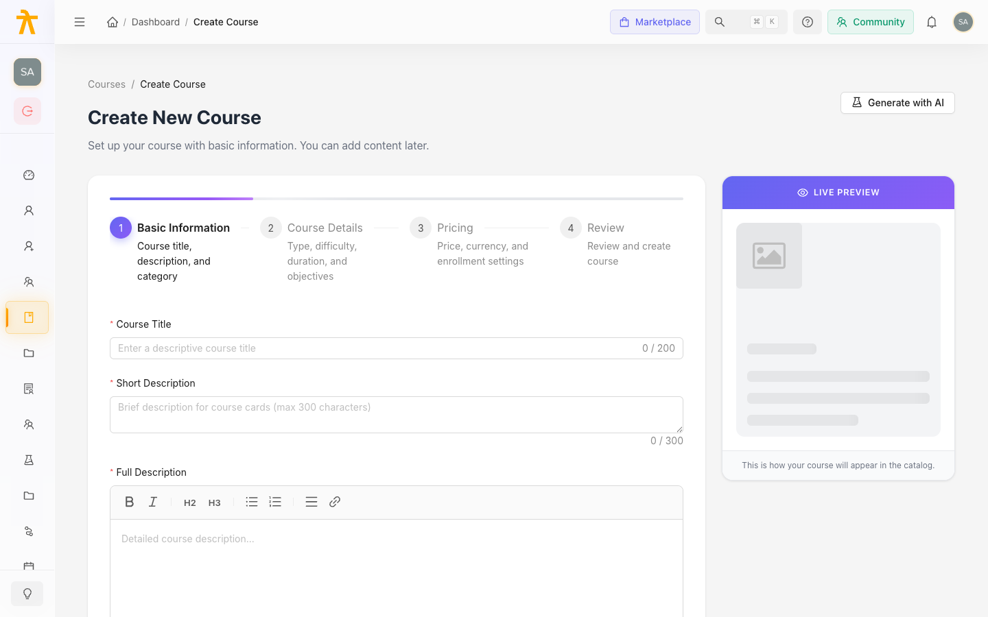 Create Course form showing the multi-step wizard and live preview