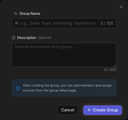 Create Group form with name and description fields
