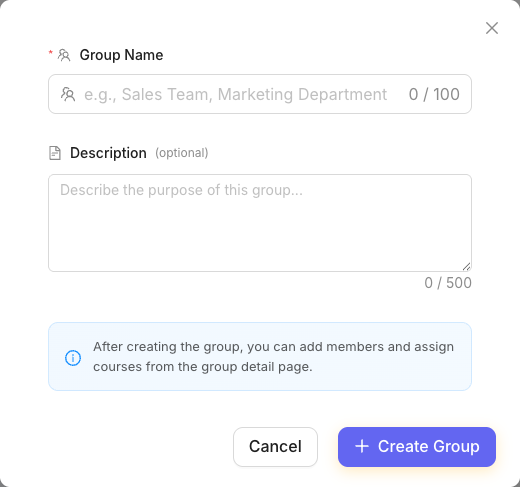 Create Group form with name and description fields