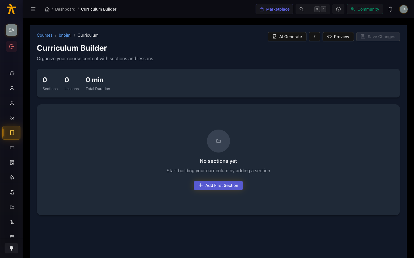 Curriculum Builder showing section and lesson stats and the add-section action