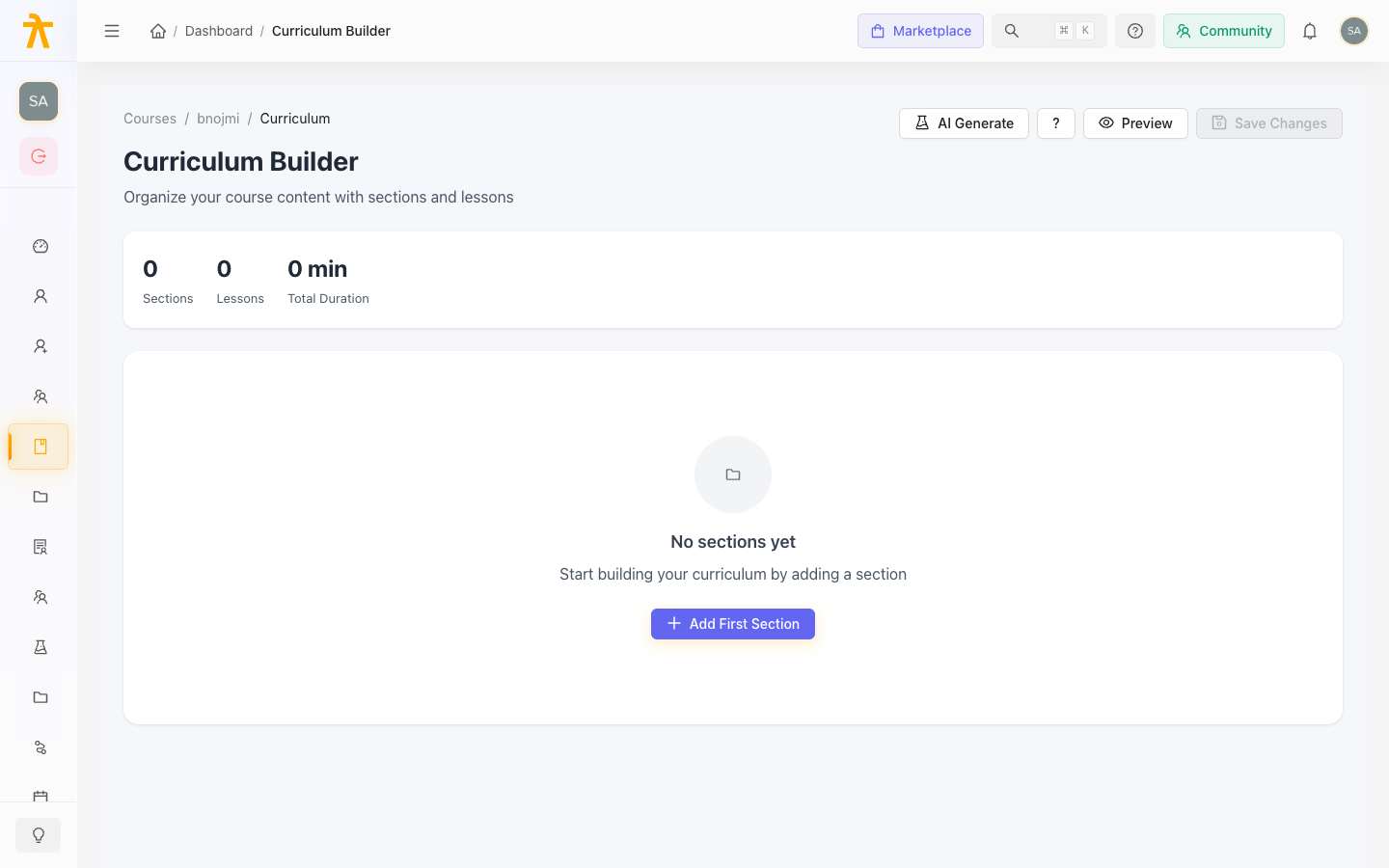 Curriculum Builder showing section and lesson stats and the add-section action