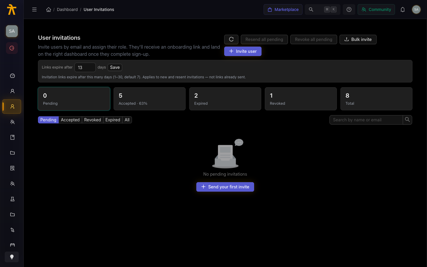 User Invitations page with invite stats and status tabs