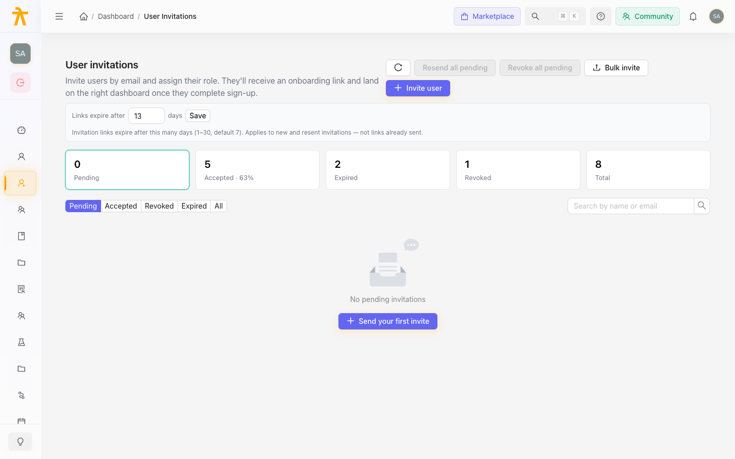 User Invitations page with invite stats and status tabs