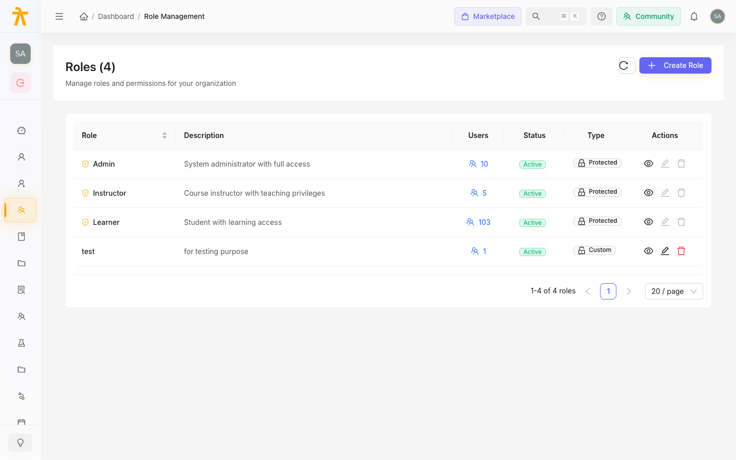 Role Management page listing Admin, Instructor, Learner and custom roles
